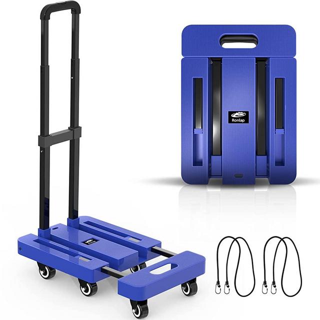 Ronlap Folding Hand Truck, Foldable Dolly Cart for Moving, 500lbs Heavy Duty Luggage Cart, Portable Platform Cart Collapsible Dolly with 6 Wheels & 2 Ropes for Travel House Office Moving, Blue