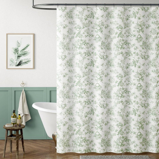 jinchan Floral Shower Curtain, Green Flower Shower Curtains for Bathroom, Vintage White Waterproof Fabric Shower Curtain Elegant Luxury Plant Shower Curtain Set with Hooks (Eden Green 70x72)