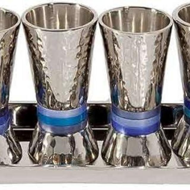 Liquor Cup Set of 6 Hammered Nickel Cone Shaped Designed with Colored Rings (Blue Rings)
