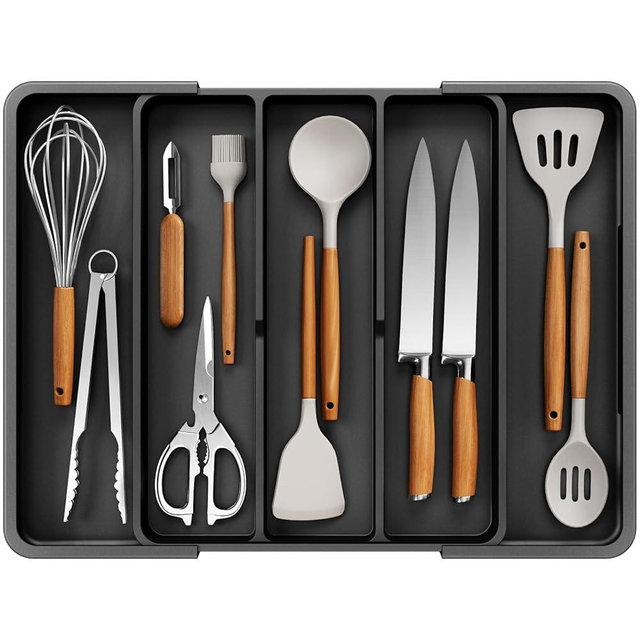 Kitsure Expandable Silverware Organizer – Large Utensil Drawer Kitchen Organization with 5 Compartments, Easy-Clean, Home & Apartment Essentials, Black, 13.6" x 1.4"x 11.0"~19.9"
