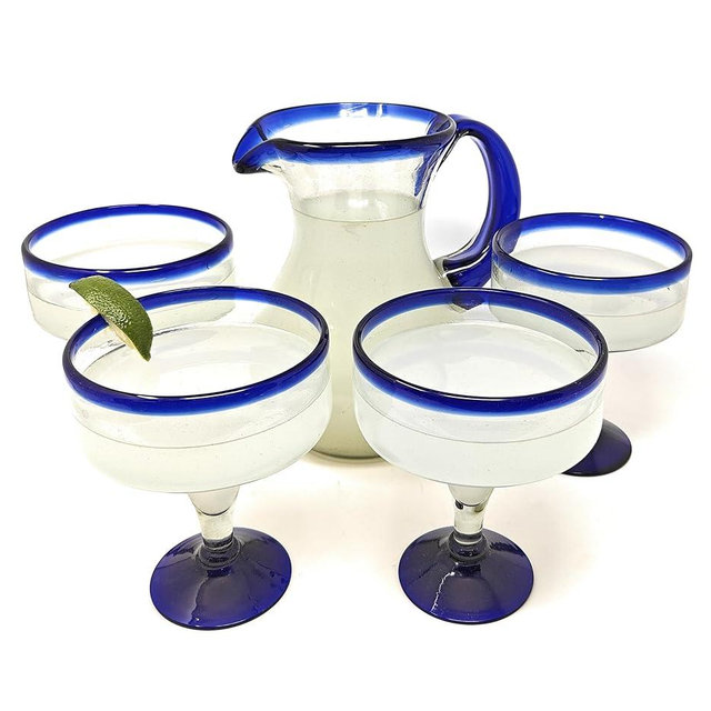 Dos Sueños Mexican Hand Blown Glass Drinkware Set - 4 Margarita Glasses (16oz) and Pitcher (84oz) – Cobalt Blue Rim