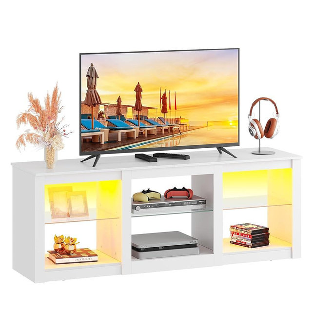 WLIVE LED TV Stand for 65 Inch TV, Modern Entertainment Center with Adjustable Glass Shelves & Customizable LED Lights, Sturdy Media Console for Living Room, Bedroom,Gaming (White)