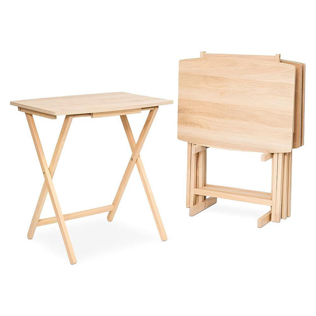 PJ Wood 5 Pack XL Oversize Tray Table for Living Room or Kitchen, Indoor TV Tray for Small Spaces and Family Gatherings, Natural Wood