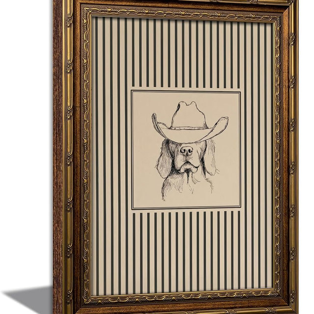 Vintage Gold Framed Cowboy Dog Wall Art Rustic Western Dog Sketch Canvas Print Neutral Vertical Stripes Poster for Bedroom Living Room Hallway