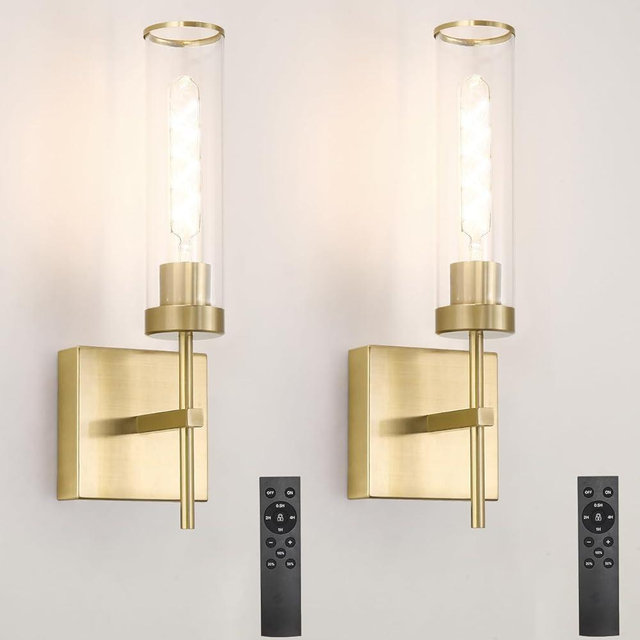 Gold Battery Operated Wall Sconce Set of 2, USB Rechargeable Wall Light with Remote Control, Brass Wireless Vanity Light Fixture with Bulbs(DC 5V), Glass Dimmable Sconce for Living Room Mirror Bedroom