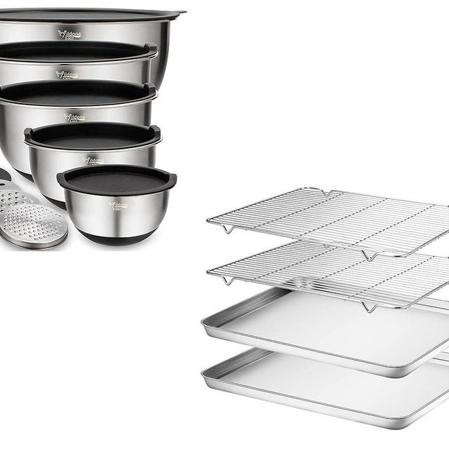 Wildone Mixing Bowls with 3 Graters and 2PCS Baking Sheet with 2PCS Cooling Rack Set