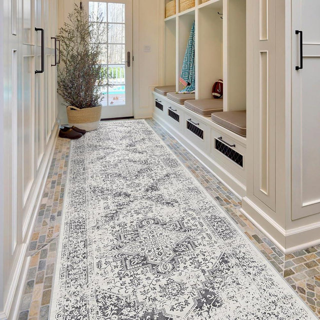 EISUROM Hallway 3x10 Runner Rug - Vintage Non-Slip Long Rug for Entryway Low-Pile Washable Medallion Runner Rugs for Hallway Waterproof Traditional Runner Rug Indoor Thin Rug for Kitchen (Grey)