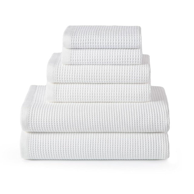 ecolook 6-Piece Waffle Weave Towel Set, 100% Cotton, Lightweight, Absorbent & Quick-Drying, 2 Bath Towels (31×63 in), 2 Hand Towels, 2 Washcloths, Lint-Free for Bathroom, Pool, Gym, Travel - White