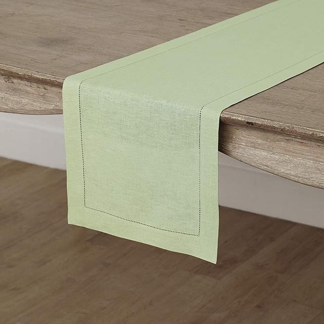 Solino Home Hemstitch Linen Table Runner – 14 x 36 Inch, European Flax, Sage Green – Classic Hemstitch, Handcrafted with 100% Pure Linen Fabric
