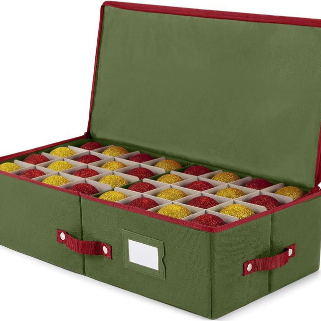 Zober Christmas Ornament Storage Box - Stores 64 Ornaments W/ Dividers - 600D Oxford Fabric Under Bed Christmas Ornament Storage Containers - 3 Inch Cube Compartments - Green