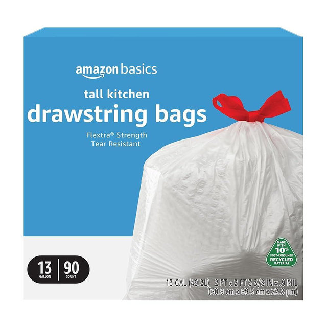 Amazon Basics 13 Gallon Tall Kitchen Drawstring Trash Bags, Flextra Strength, Tear Resistant, 10% Post Consumer Recycled, 90 Count, White
