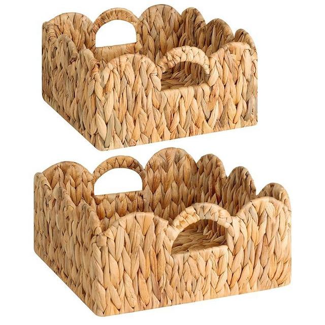 StorageWorks Wicker Storage Baskets, Wicker Basket for Shelves, Scalloped Edge Organizing with Handle, Natural Water Hyacinth Storage Baskets, 2-Packs