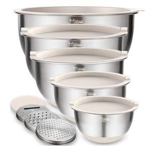 Wildone Mixing Bowls with Airtight Lids Set, 5PCS Stainless Steel Khaki Nesting Bowls for Kitchen, with Grater Attachments & Non-Slip Bottoms, Size 5, 3, 2, 1.5, 0.63 QT, Great for Mixing & Serving
