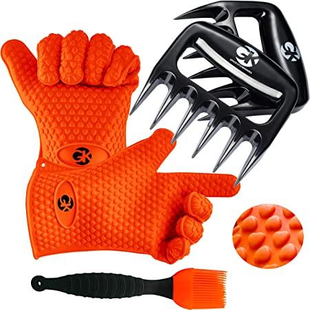 GK’s 3 + 3 BBQ Man’s Dream Set: Silicone BBQ Grill Gloves Plus Meat Shredder Claws Plus Silicone Basting Brush Plus 3 eBooks w/ 344 Recipes for Roasting, Grilling and Baking