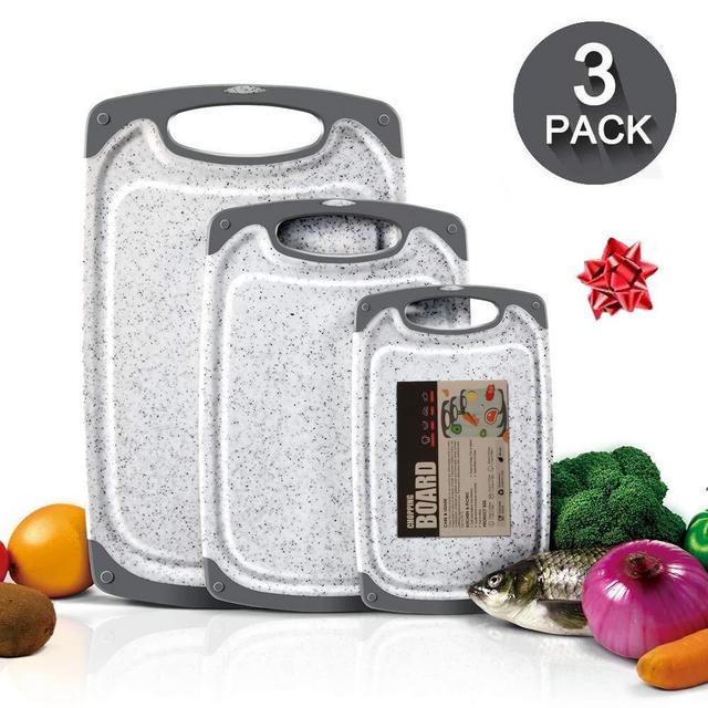 3Pcs Kitchen Cutting Board Marble Pattern Premium Plastic BPA-Free (Set of Three, White)