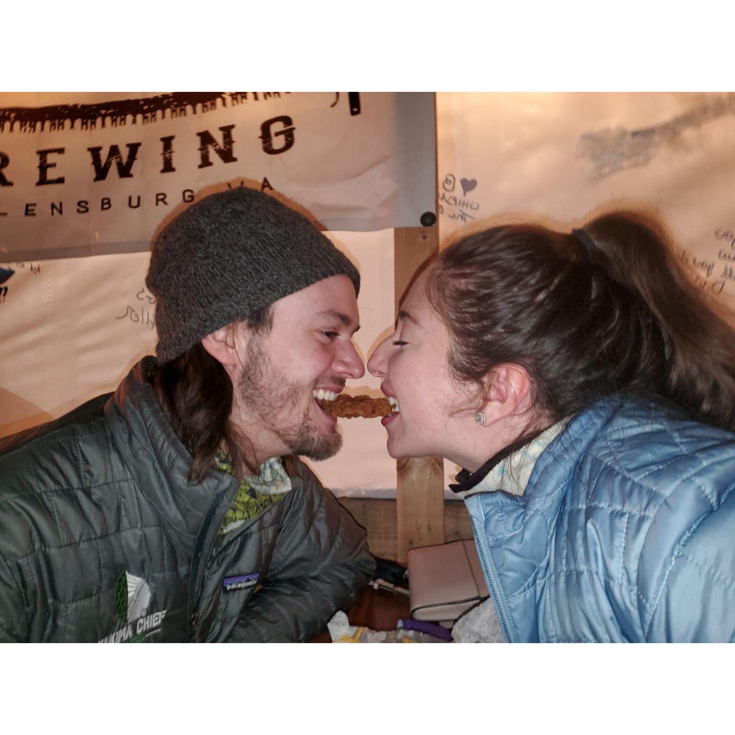 Doing our best reenactment of Lady and the Tramp at Whipsaw Brewing in Ellensburg, December 2020. We subbed out the spaghetti for a chicken strip