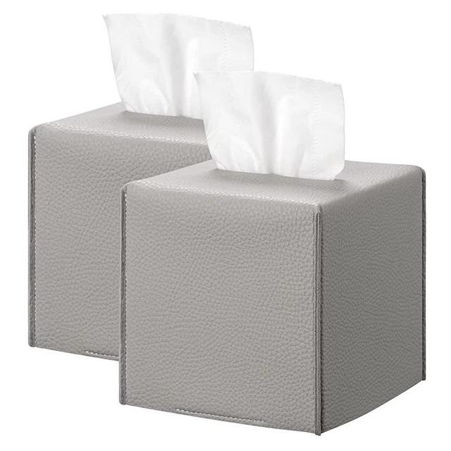 REGELETO 2 Pack Grey Tissue Box Cover, Pu Leather Square Tissue Box Holder with Bottom Belt Modern Style Tissue Box Organizer for Home, Car, Hotel, Office 5"X5"X5" (Grey-2Pack)