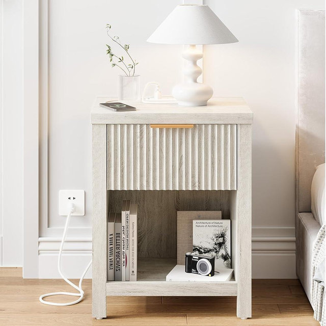 Fluted Nightstands with Charging Station Set of 2, Brooklyn Night Stand with Drawers, Modern Beside Table with Storage, End Table for Bedroom Living Room(2, White with Charging Station) BNS101WAE-2