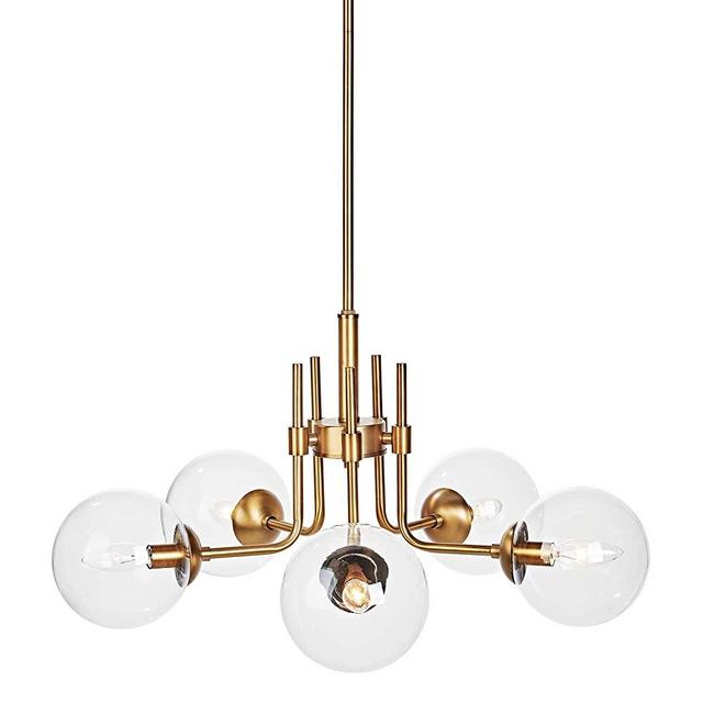 MOTINI 5-Light Sputnik Chandelier with Clear Glass 5LT Modern Pendant Geometric Light Rod Hanging Lighting Indoor 27"x 27"x11", Brushed Brass