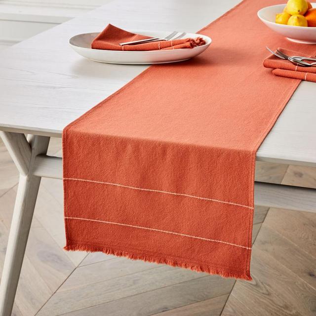 Minimalist Stripe Frayed Edge Table Linen Runner, Canyon Red