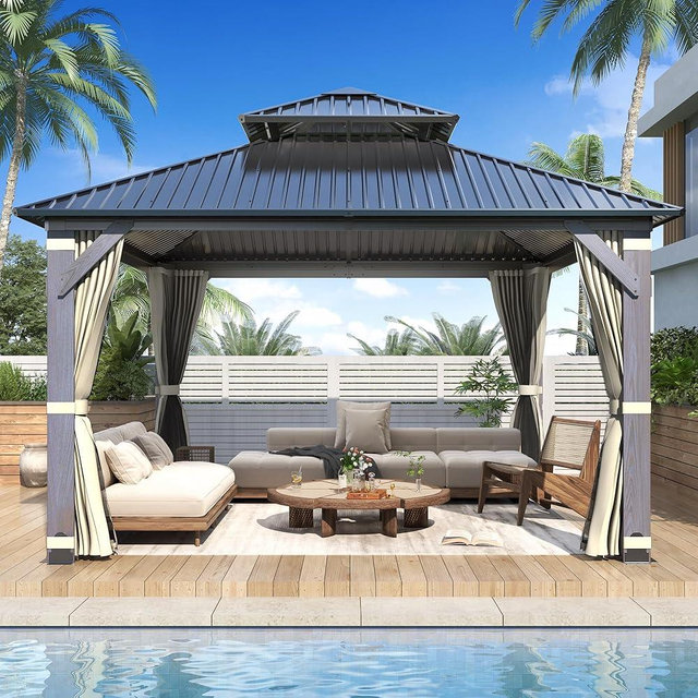 GARTOO 12' x 12' Outdoor Wood Gazebo - Permanent Wooden Hardtop Gazebo Pavilion with Double Curtains, Galvanized Steel Roof Cedar Wood Gazebos for Lawn, Garden, Poolside, Backyard Deck