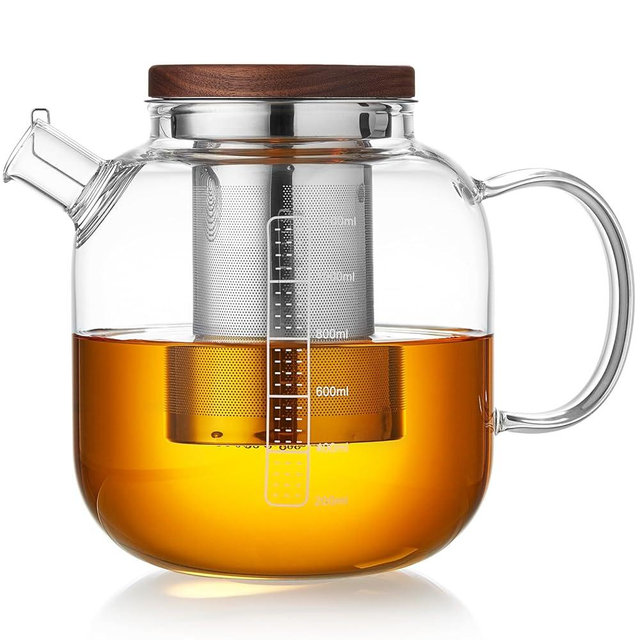 DOPUDO 40oz Borosilicate Glass Teapot with Stainless Steel Infuser, Anti-Drip Spout, Wooden Lid, White Markings, Removable Filter for Loose Leaf, Herbal, Blooming Tea, Home, Office