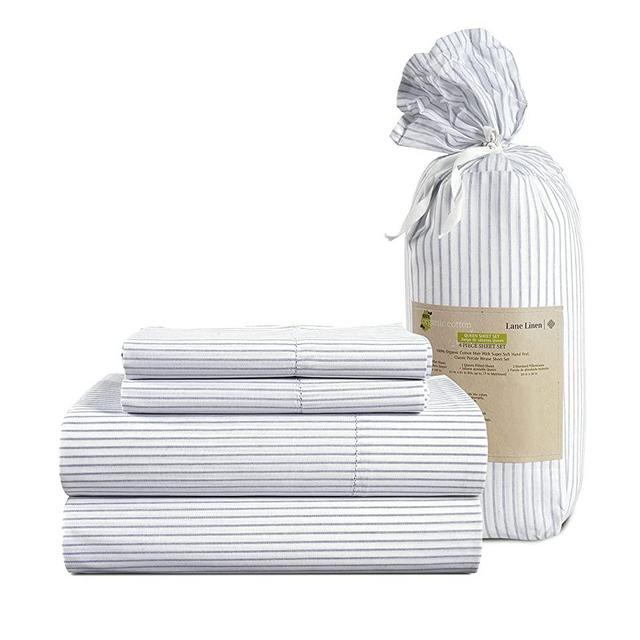 100% Organic Cotton Queen Sheets Set, 4-Piece Pure Organic Cotton Percale Sheets Queen, Cotton Bedsheets, Ultra Soft Bedding Sheets, Breathable, Fits Mattress Upto 15" Deep - Blue Ticking Stripe