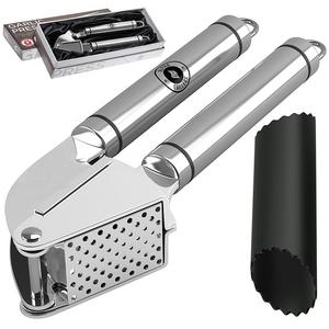 Garlic Press. Stainless Steel Mincer & Crusher With Silicone Roller Peeler. Easy Squeeze, Rust Proof, Dishwasher Safe, Easy Clean. By Alpha Grillers