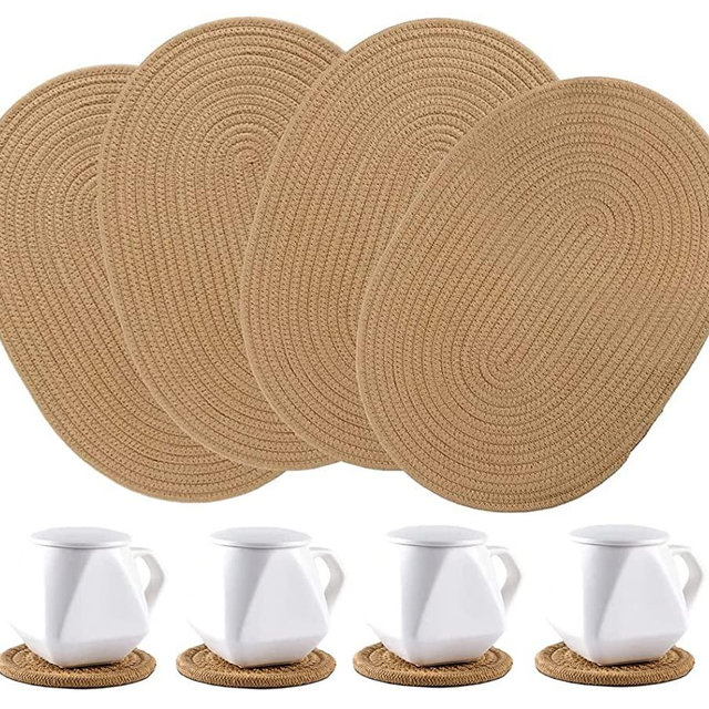 WENFOME 4 Pack Oval Jute Woven Placemats and Set of 4 Round Fabric Coasters, Cotton Braided Placemats Set, Dining Table Mat, Heat-Resistant Pot Holders, 12*16'' Large-Sized Washable Place Mats