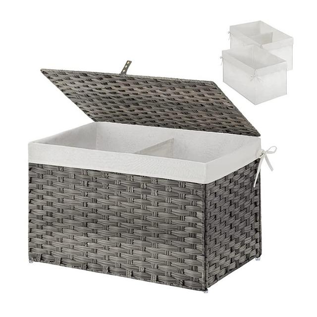 Greenstell Storage Basket with Lid, Handwoven Large Shelf Basket with Cotton Liner and Metal Frame, Foldable & Easy to Install, Storage Box Basket Bin with Handle for Bedroom, Laundry Room Grey 65L