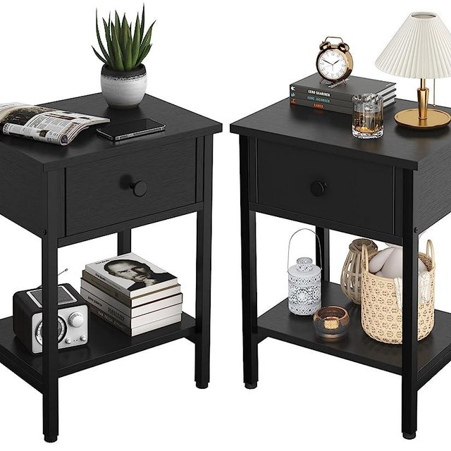 Nightstands Set of 2 with Drawers, Bedside Table Set of 2 with Storage Shelf, Heavy Duty End Side Table for Living Room Bedroom Small Space Sofa Couch, Wood Metal Night Stand, Easy to Assemble, Black
