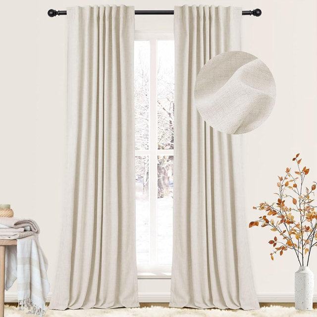 INOVADAY 100% Blackout Cream Curtains for Bedroom 96 Inches Long, Thermal Insulated Linen Blackout Curtains 2 Panels Set, Back Tab/Rod Pocket Curtains & Drapes for Living Room - Cream, W50 X L96