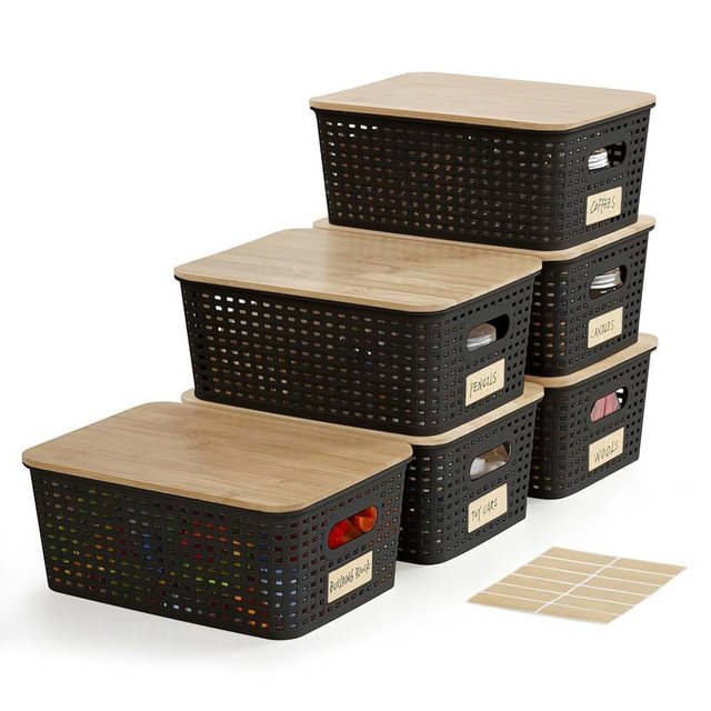Bagnizer Small Plastic Storage Bins with Bamboo Lids 5.2qt Stackable Box Basket Pantry Decorative Containers Cute with Lable for Organizing Desktop Closet Office Black of 6 packs 10 * 7.2 * 4.1'’