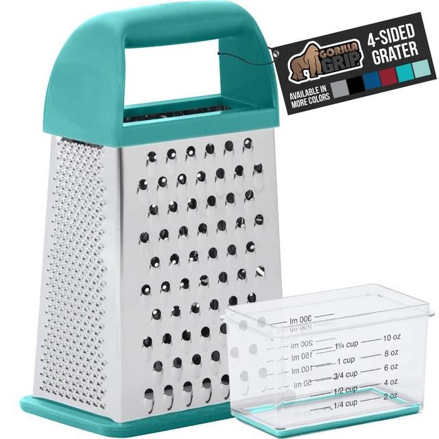 Gorilla Grip Box Grater, Stainless Steel, 4-Sided Graters with Comfortable Handle and Storage Container for Cheese, Vegetables, Ginger, Handheld Food Shredder, Kitchen Zester, 10 inch, Turquoise