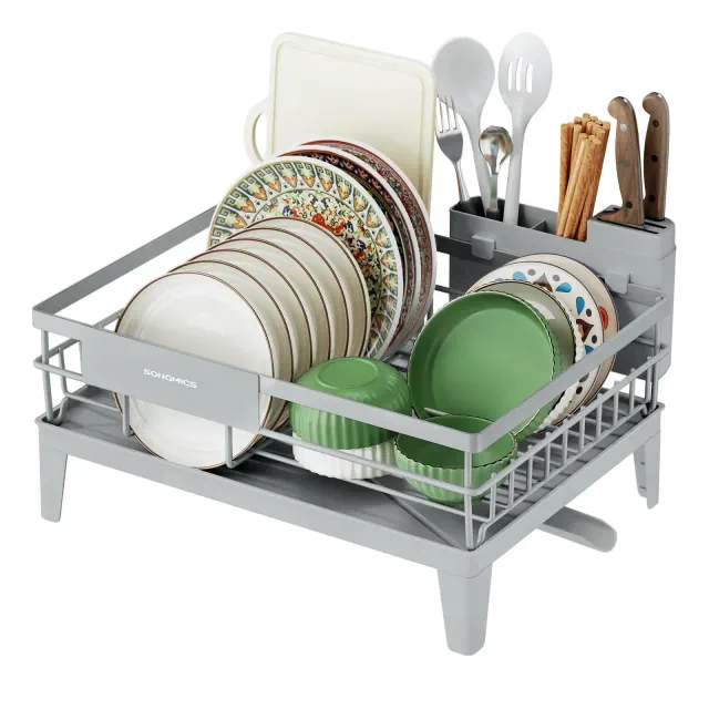 SONGMICS Dish Drying Rack with Drainboard, 360° Rotatable and Extendable Spout, with Cutlery Holder, 12.2 x 16.5 x 7.3 Inches, Dove Gray