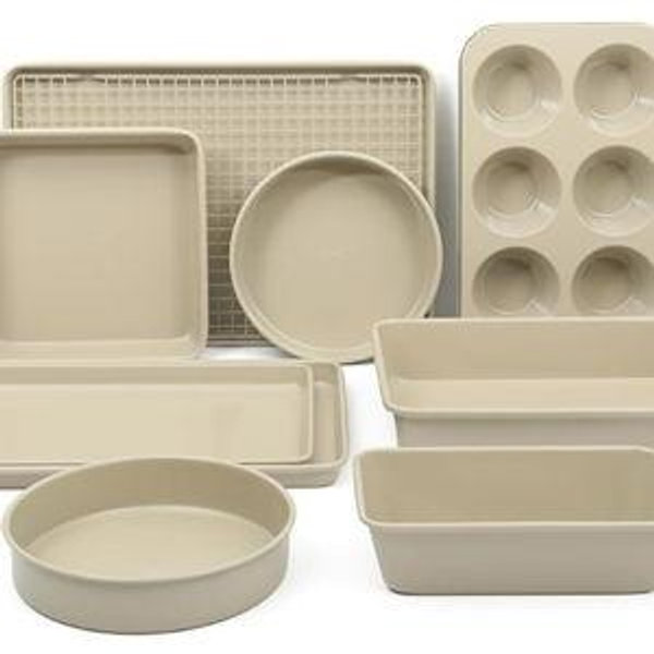 Martha Stewart Gallen 10 Piece Baking Pans Ceramic PFA Free Non Toxic Non Stick Bakeware Set - Taupe