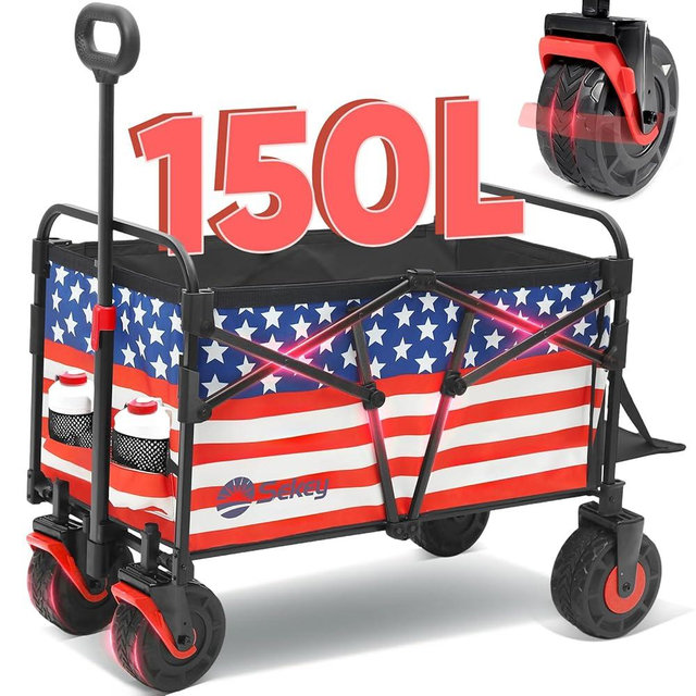 Sekey Wagon Cart with Big All-Terrain Beach Wheels, Collapsible Heavy Duty Extended Wagons with Taligate, Foldable Utility Carts for Camping, Garden, Outdoor, Grocery, Sports. The Star-Spangled Banner