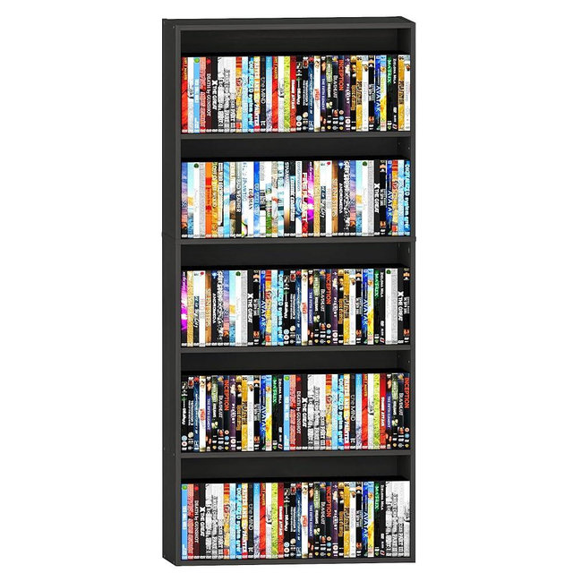 VPSMAT 5 Tier Media Stand with Adjustable Shelves, Wooden CD Display Storage Tower, Five-Tier DVD Storage Rack Tower for Bedroom, Living Room, Playroom, 52.6" x 23.6" x 9.5", Black