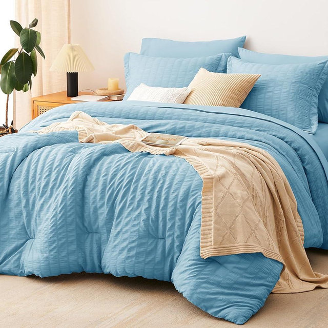CozyLux Queen Comforter Set Sky Blue Seersucker 7 Pieces Bed in a Bag Queen Comforter Set with Sheets, Luxury Bedding Sets with Down Alternative Comforter, Sheets, Pillowcases & Shams All Seasons