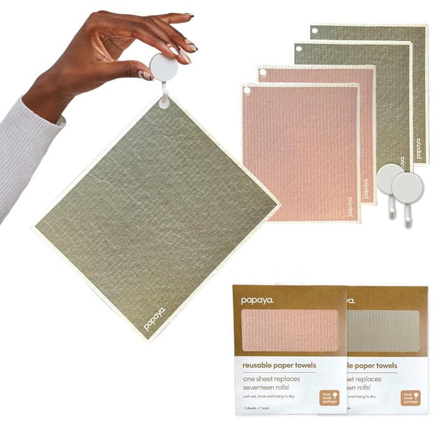 Papaya Reusable Paper Towels 4-Pack - 4 Sheets + 2 Hooks, Quick Drying, No Odor, 1 Sheet Replaces 17 Rolls, Washable Kitchen Cloth, Sustainable Dish Sponge, Eco Friendly Gift (Oat Milk Latte)