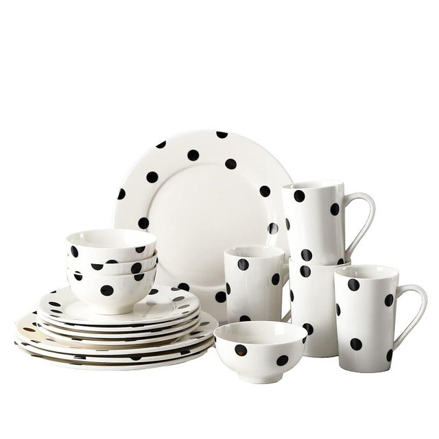 Loymokinar White Porcelain Dinnerware Sets 16-Piece Service for 4,Dishes, Round Plates, Bowls, Mugs Dish Set (Polka Dot)
