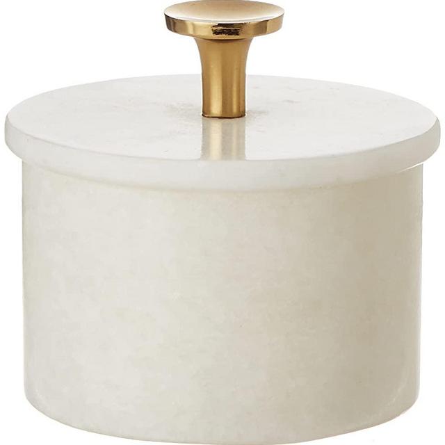 Queenza Salt Cellar with Lid & Brass Knob - 3 Inch White Makrana Marble Salt Bowl, Salt Dish for Kitchen and Dining - Multipurpose Small Box with Lid