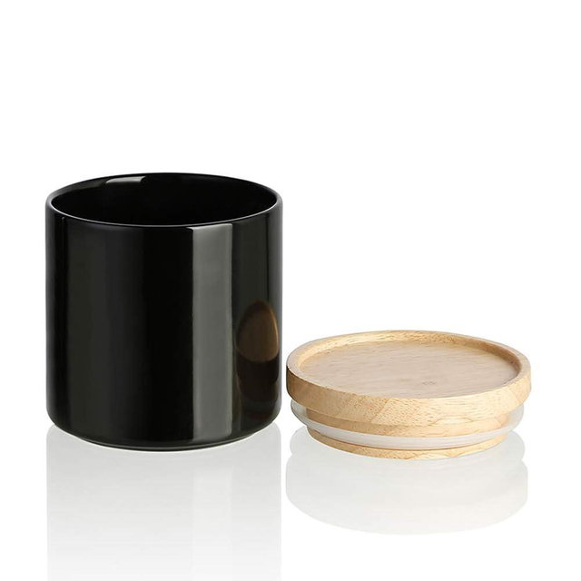 Sweejar Kitchen Canisters Ceramic Food Storage Jar, Stackable Containers with Airtight Seal Wooden Lid for Serving Ground Coffee, Tea, Sugar, Salt and More - 16 Fl Oz (Black)