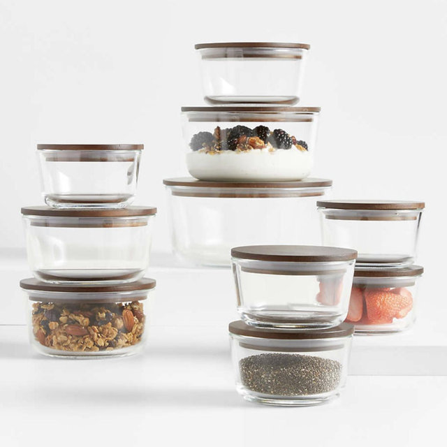 20-Piece Glass Food Storage Container Set with Dark Acacia Wood Lids