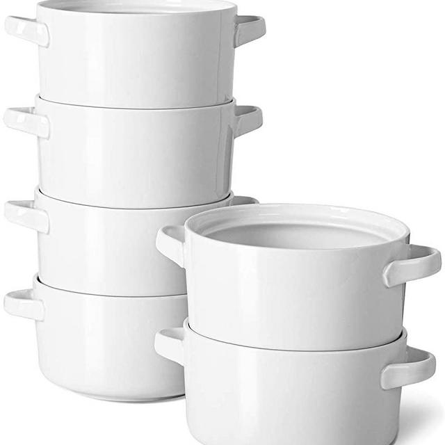 24 Oz Soup Bowls with Handles - Delling Ceramic Crocks for French Onion Soup, Cereal, Chilli, Porcelain Serving Soup Bowl Set of 6, White