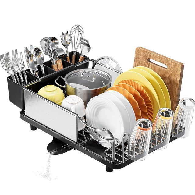 Urackify Dish Rack, 304 Stainless Steel Dish Drying Rack for Kitchen Counter, Dish Drainer with Cutlery Holder for Large Capacity, Dish Drying Rack with Drip Tray, Balck