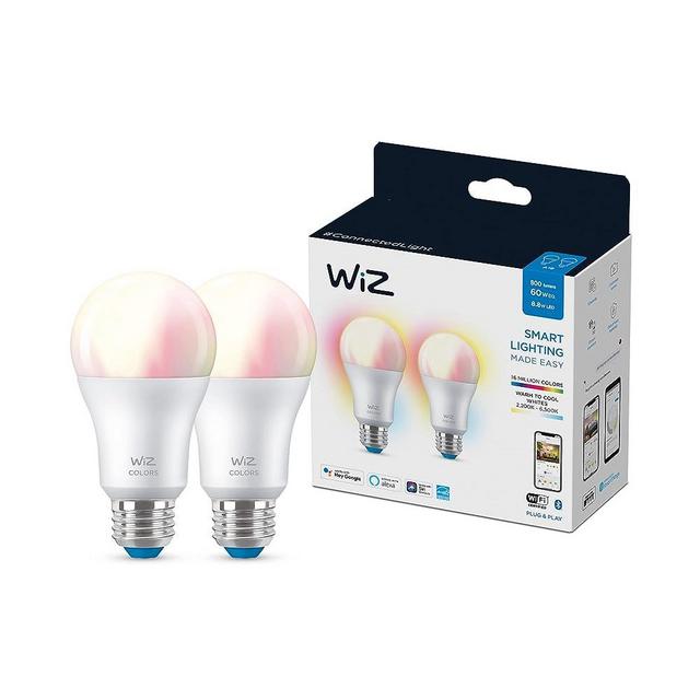 WiZ 60W A19 Color LED Smart Bulb - Pack of 2 - E26, Indoor - Connects to Your Existing Wi-Fi - Control with Voice or App + Activate with Motion - Matter Compatible