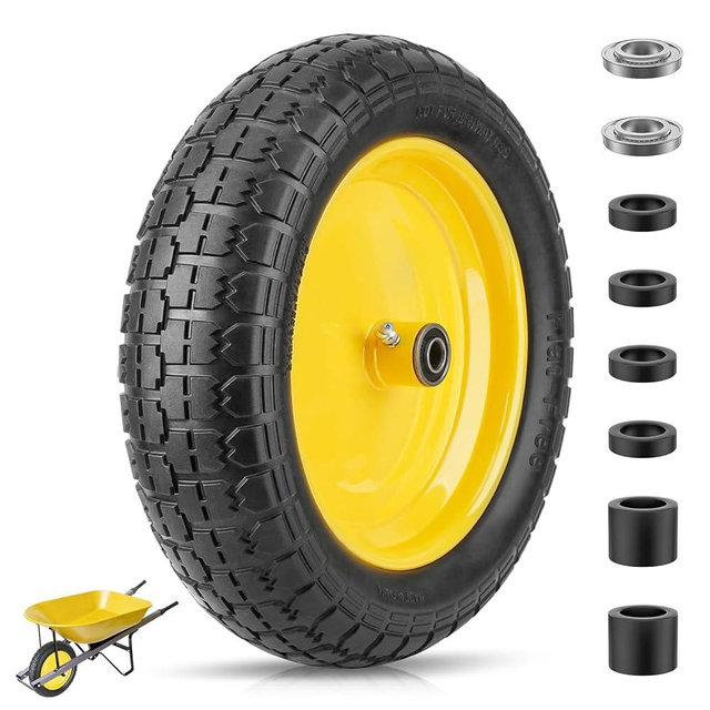 TICONN 4.80/4.00-8 Tire, 14.5" Flat Free Wheelbarrow Tire and Wheel, Solid Replacement Tires with 3" Centered Hub, 5/8" 3/4" Bearings, Universal Fit 4.80/4.00-8, 3.50/3.00-8, 4.00-6 (Yellow)