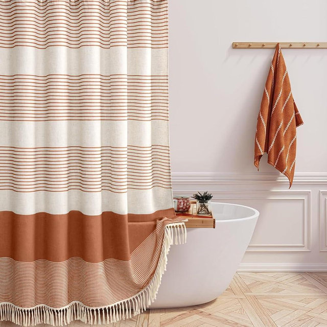 Awellife Farmhouse Shower Curtains for Bathroom,Boho Shower Curtain with Tassels,Orange Flax Striped Shower Curtain,Beige Linen Shower Curtain with Hooks,Rustic Shower Curtain Neutral 72x72 Inches