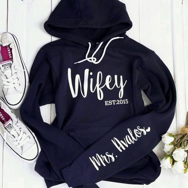 Wifey Hoodie, Engagement Hoodie, Sleeve Print, Hoodie Sweatshirt, Unisex Sweatshirt, Honey moon, Bride, Engagement Gift, Wifey and Hubs